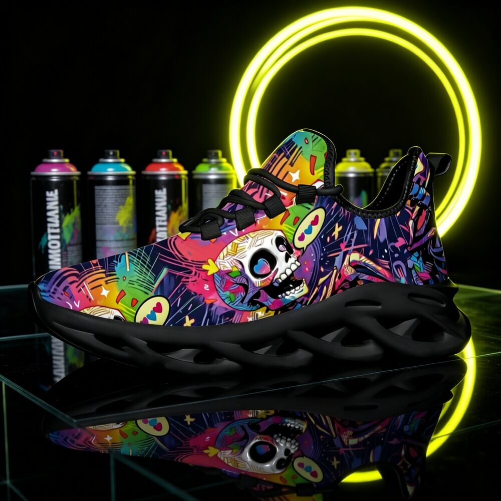 Signature Sugar Skull Pop Collage Custom Sneaks Echoing Cyber Pop Culture Drop
