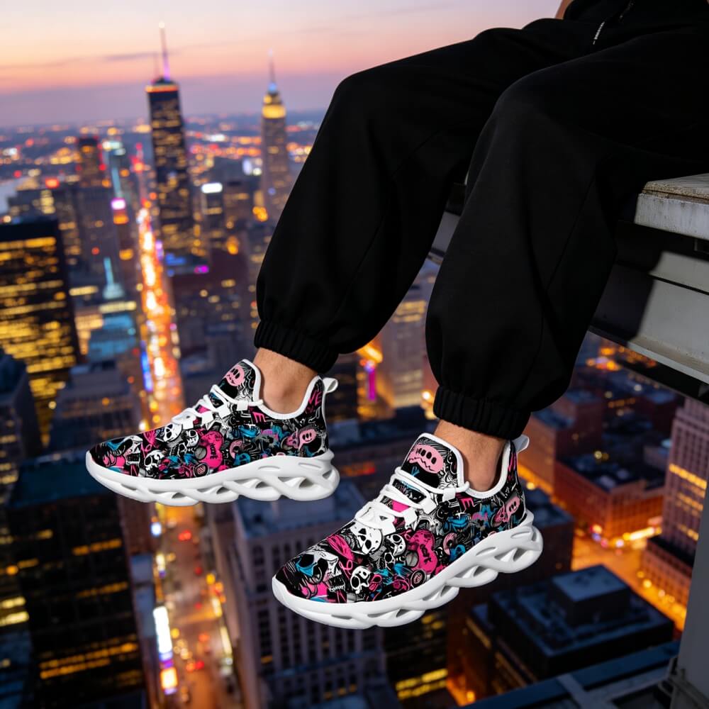 Grunge Skull Character & Hearts Custom Sneaks Embodying A Bold Y2K Retro Vibe