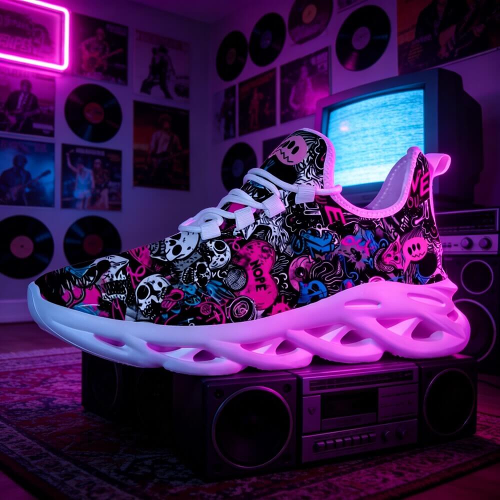 Grunge Skull Character & Hearts Custom Sneaks Embodying A Bold Y2K Retro Vibe