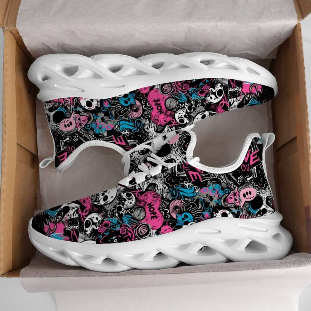 Grunge Skull Character & Hearts Custom Sneaks Embodying A Bold Y2K Retro Vibe