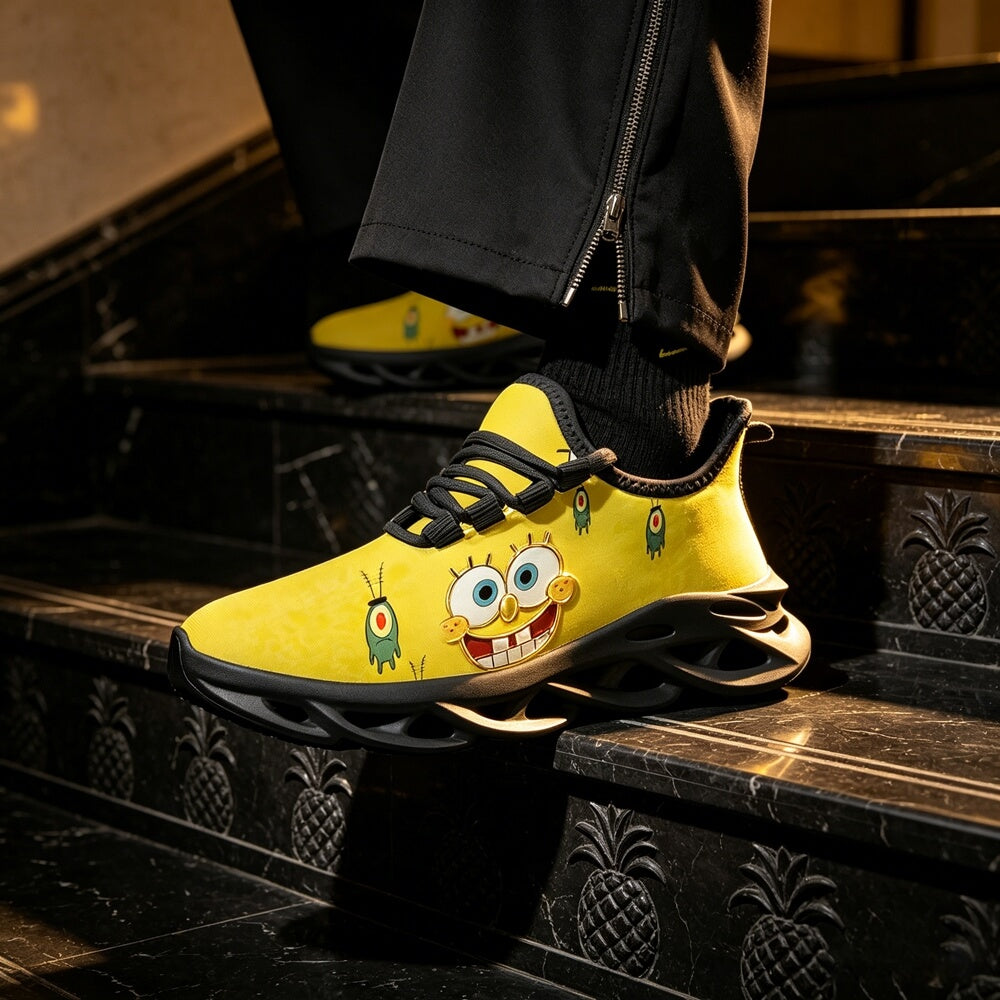 High-Contrast Yellow Sponge Custom Sneaks Inspired By Arcade Otaku Vibe
