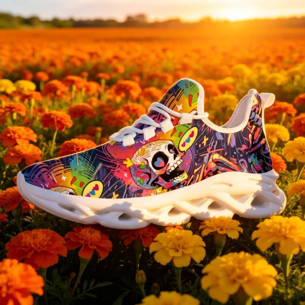 Signature Sugar Skull Pop Collage Custom Sneaks Echoing Cyber Pop Culture Drop