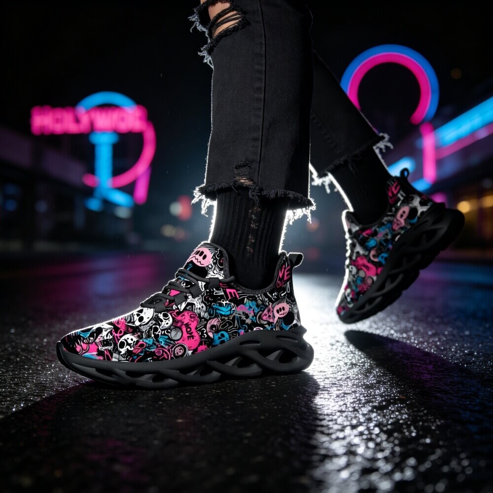 Grunge Skull Character & Hearts Custom Sneaks Embodying A Bold Y2K Retro Vibe