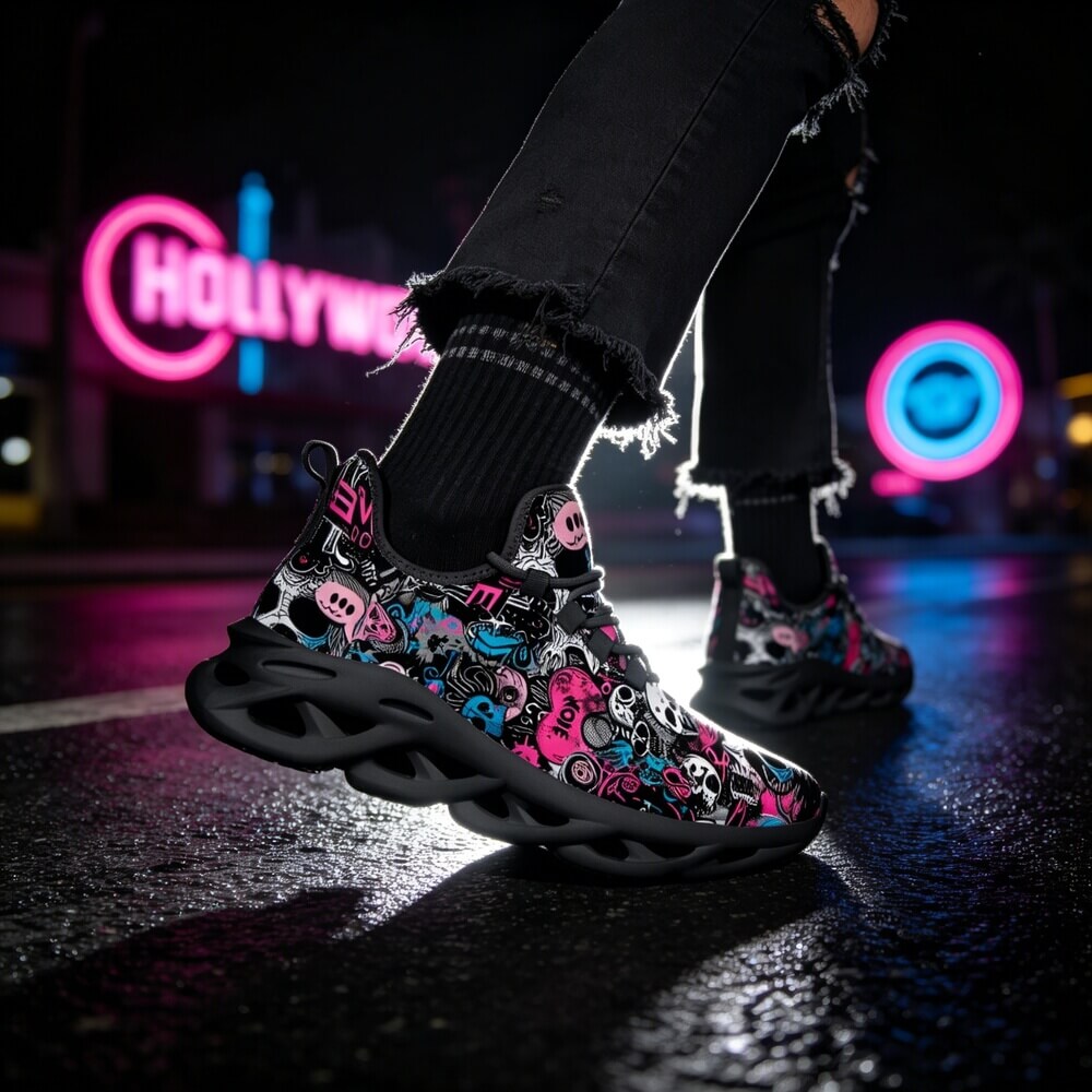 Grunge Skull Character & Hearts Custom Sneaks Embodying A Bold Y2K Retro Vibe