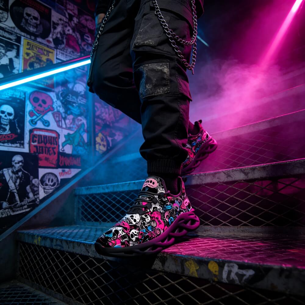 Grunge Skull Character & Hearts Custom Sneaks Embodying A Bold Y2K Retro Vibe
