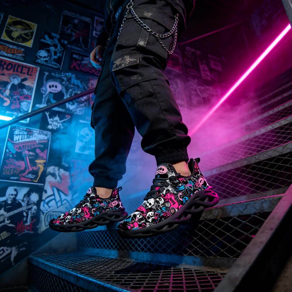 Grunge Skull Character & Hearts Custom Sneaks Embodying A Bold Y2K Retro Vibe