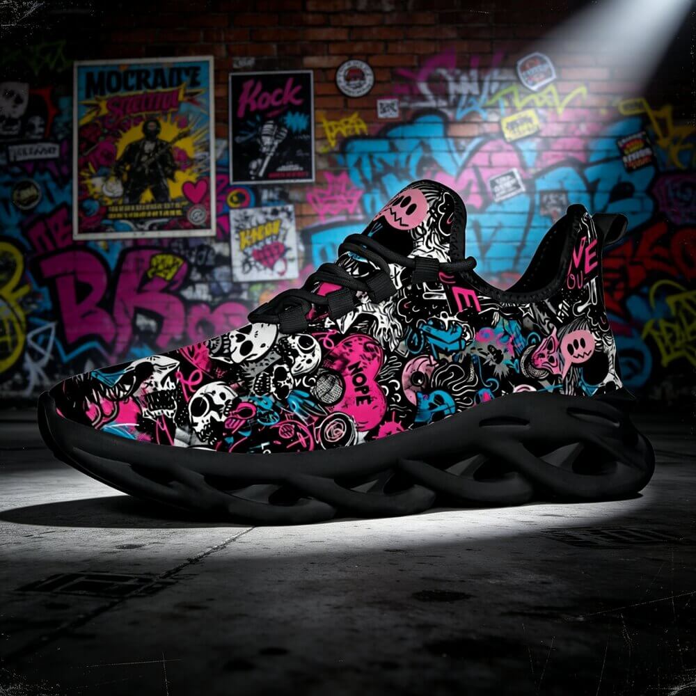 Grunge Skull Character & Hearts Custom Sneaks Embodying A Bold Y2K Retro Vibe