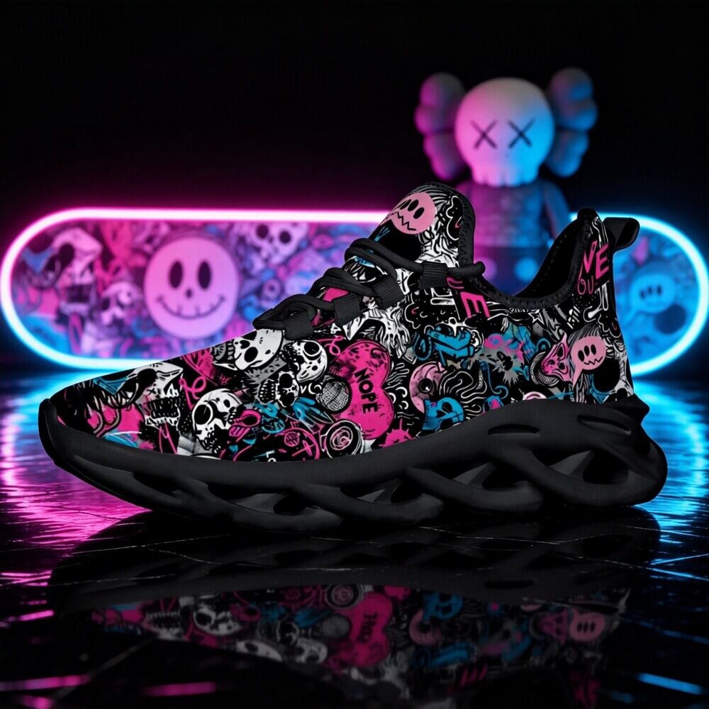 Grunge Skull Character & Hearts Custom Sneaks Embodying A Bold Y2K Retro Vibe