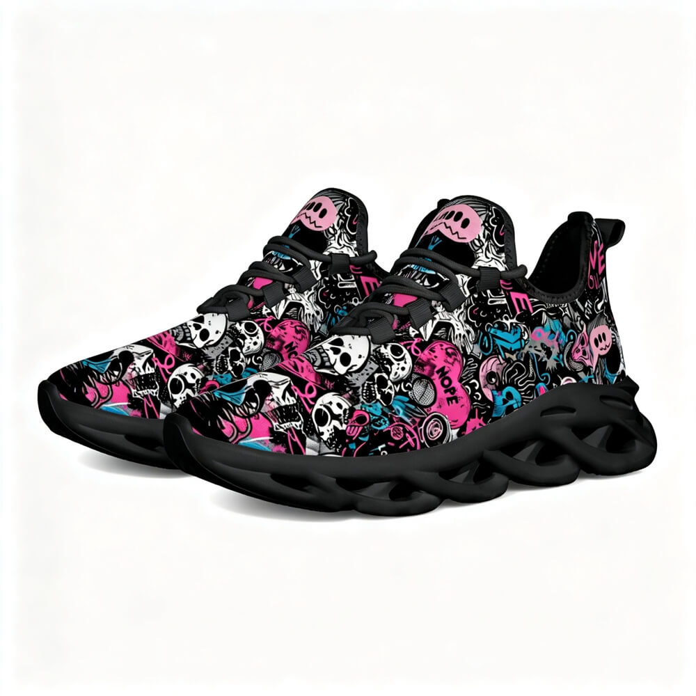 Grunge Skull Character & Hearts Custom Sneaks Embodying A Bold Y2K Retro Vibe