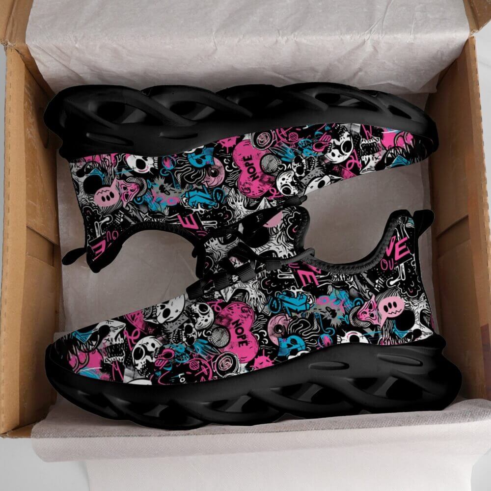 Grunge Skull Character & Hearts Custom Sneaks Embodying A Bold Y2K Retro Vibe
