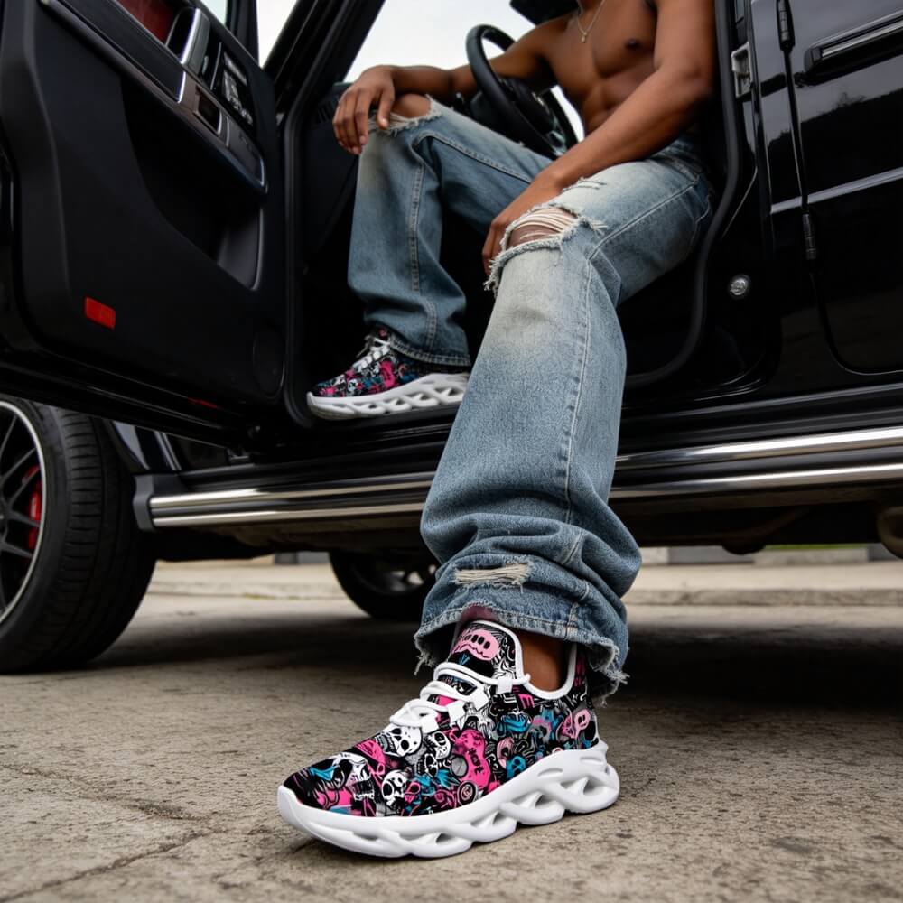 Grunge Skull Character & Hearts Custom Sneaks Embodying A Bold Y2K Retro Vibe