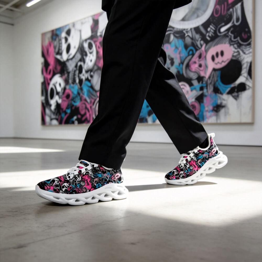 Grunge Skull Character & Hearts Custom Sneaks Embodying A Bold Y2K Retro Vibe