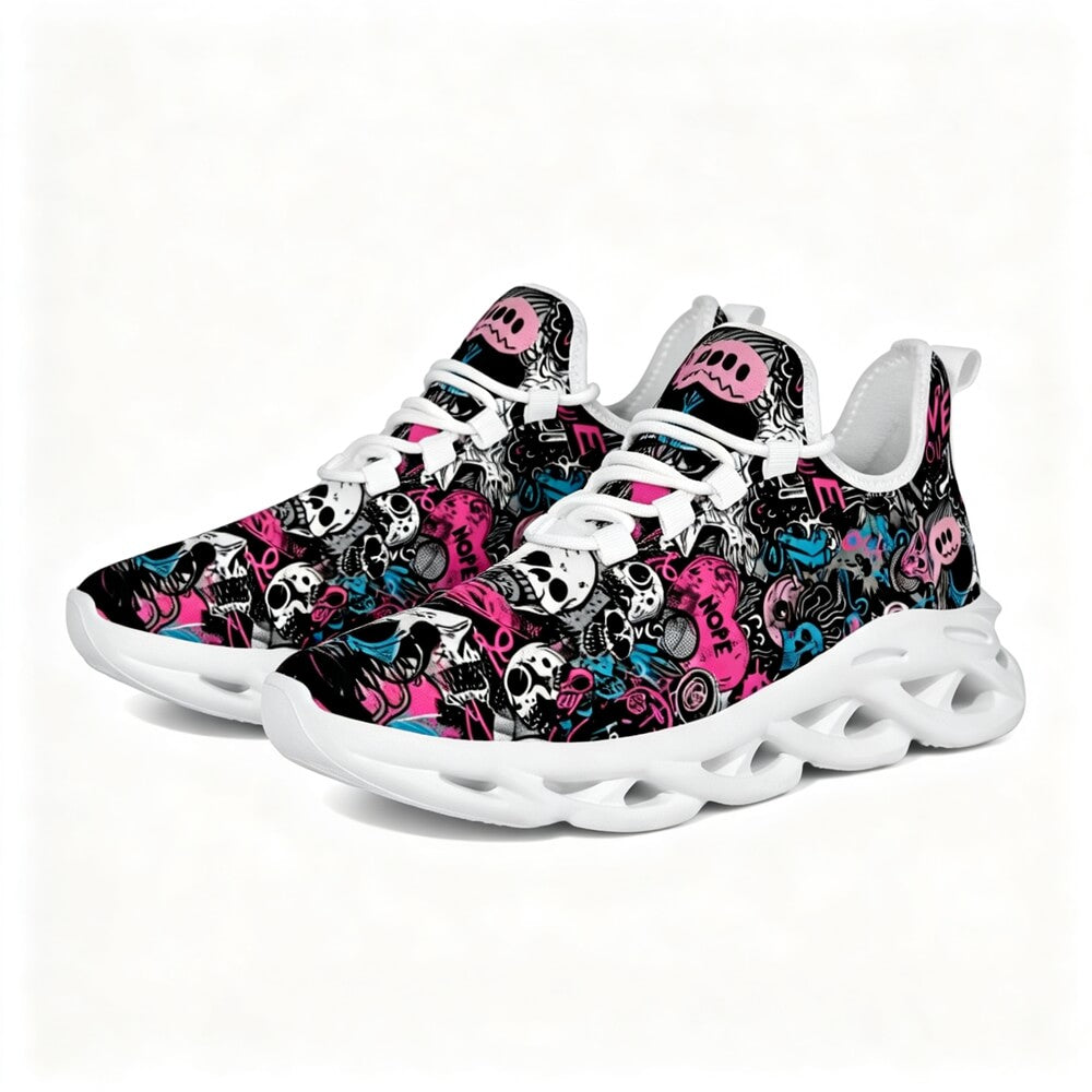 Grunge Skull Character & Hearts Custom Sneaks Embodying A Bold Y2K Retro Vibe