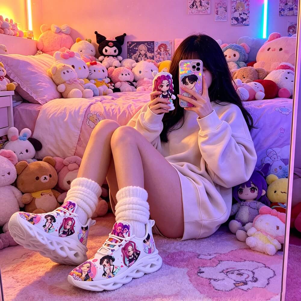 K-Pop Idol Girls Heart Gesture Custom Sneaks Embodying Harajuku Otaku Vibe