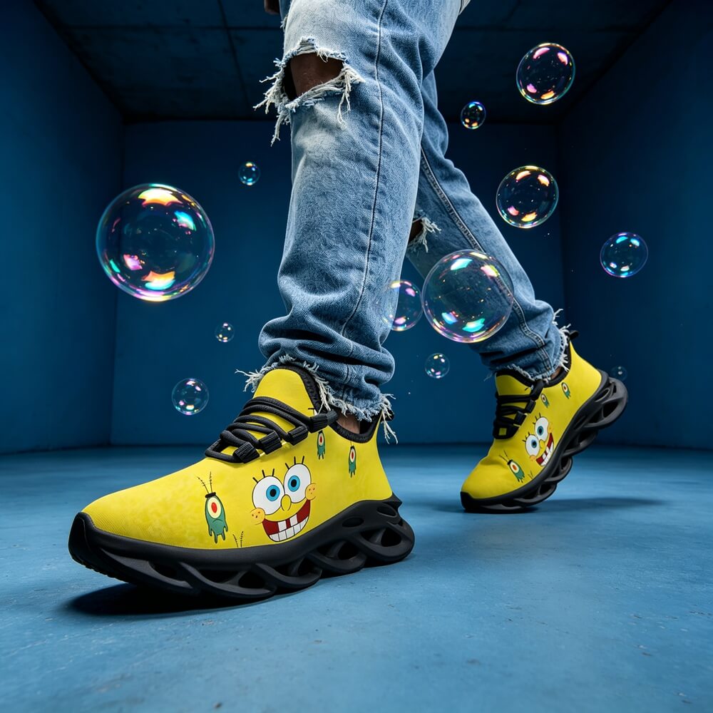 High-Contrast Yellow Sponge Custom Sneaks Inspired By Arcade Otaku Vibe