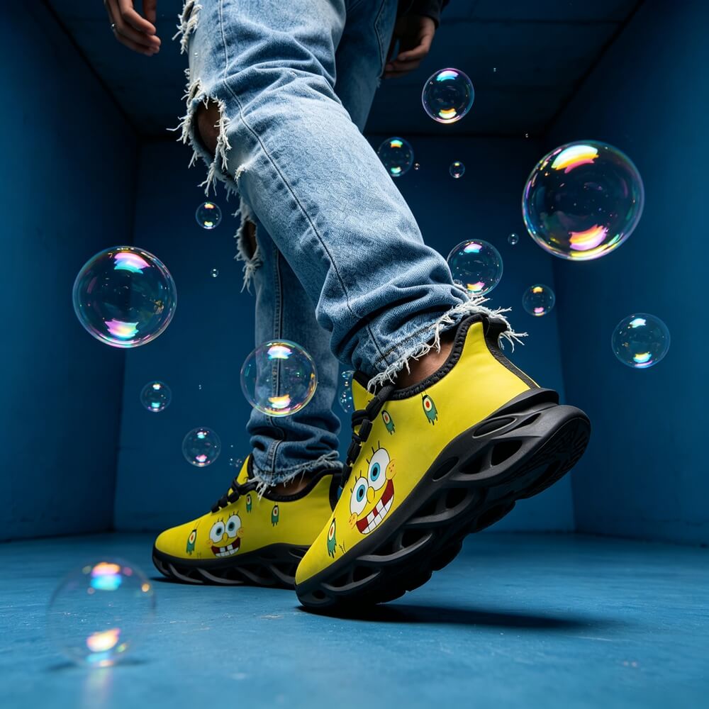 High-Contrast Yellow Sponge Custom Sneaks Inspired By Arcade Otaku Vibe