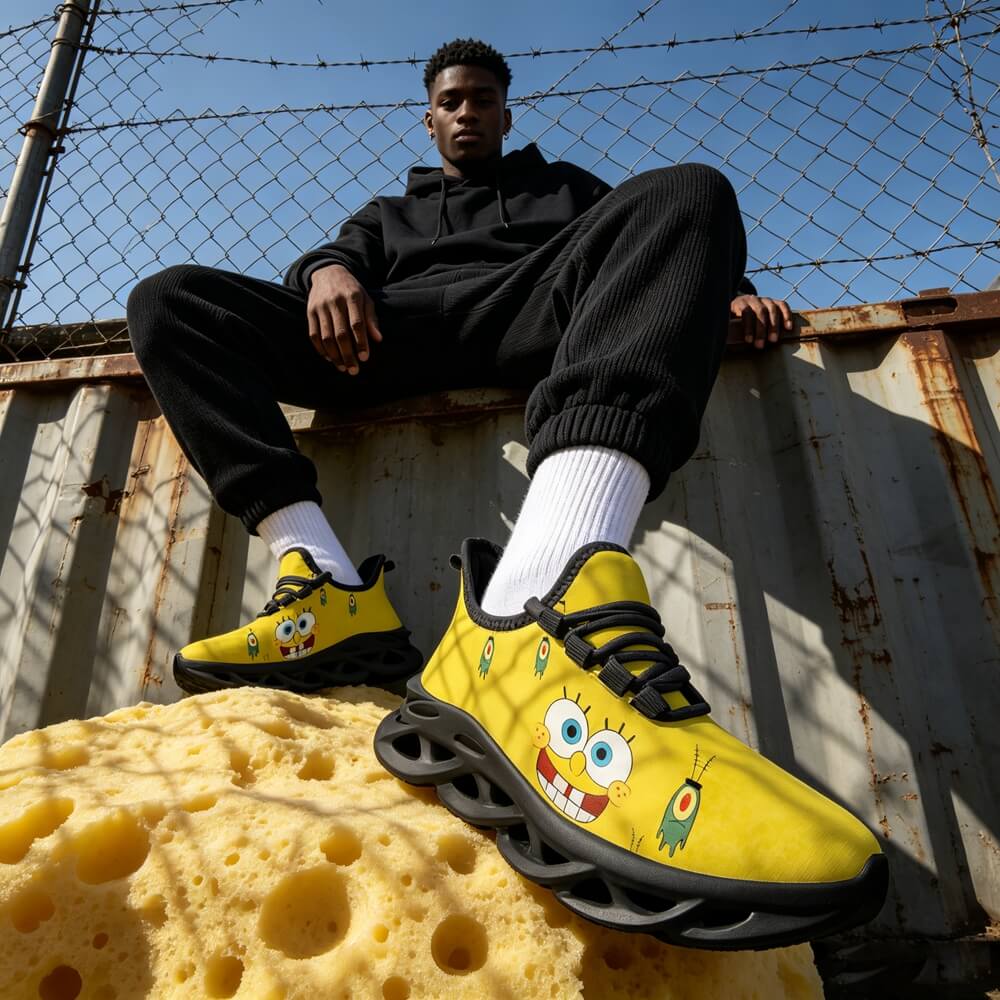 High-Contrast Yellow Sponge Custom Sneaks Inspired By Arcade Otaku Vibe