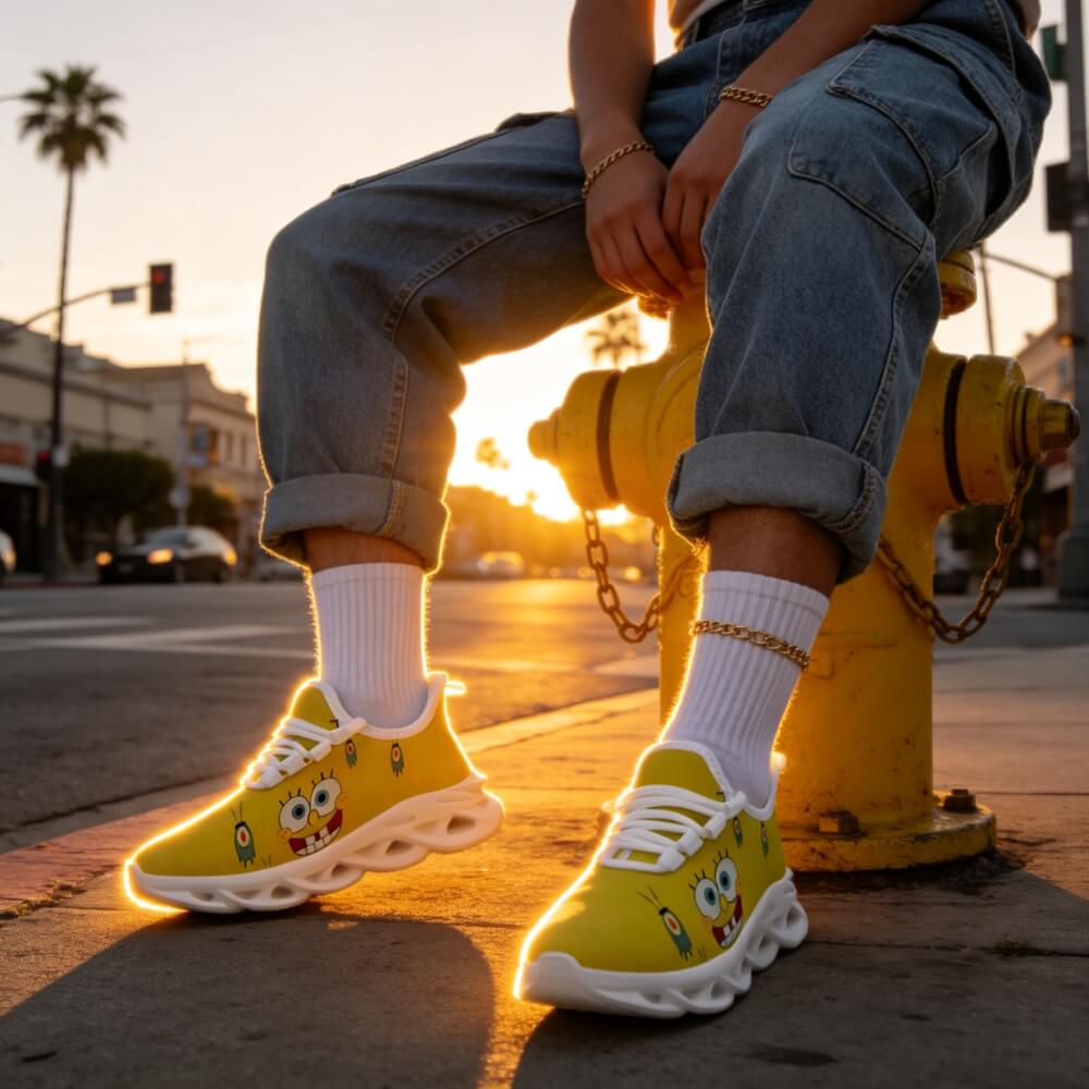 High-Contrast Yellow Sponge Custom Sneaks Inspired By Arcade Otaku Vibe