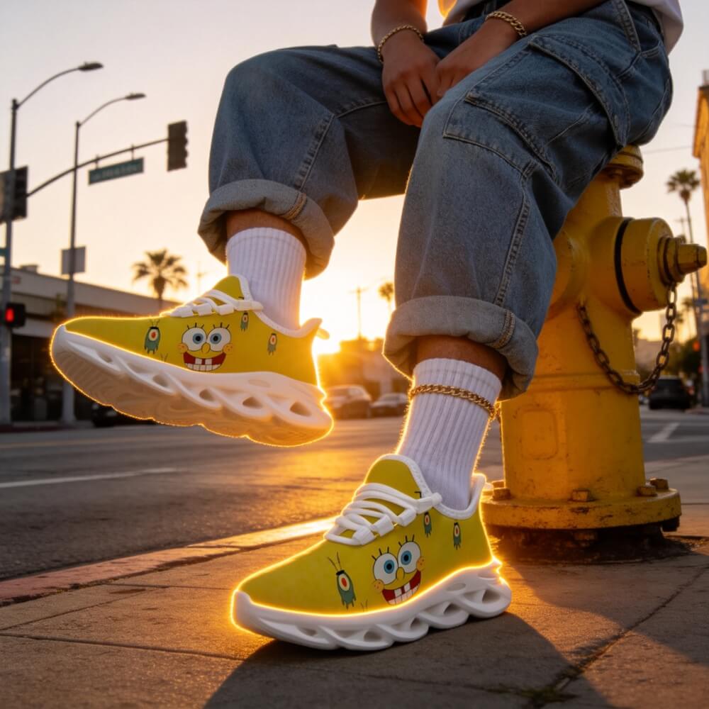 High-Contrast Yellow Sponge Custom Sneaks Inspired By Arcade Otaku Vibe